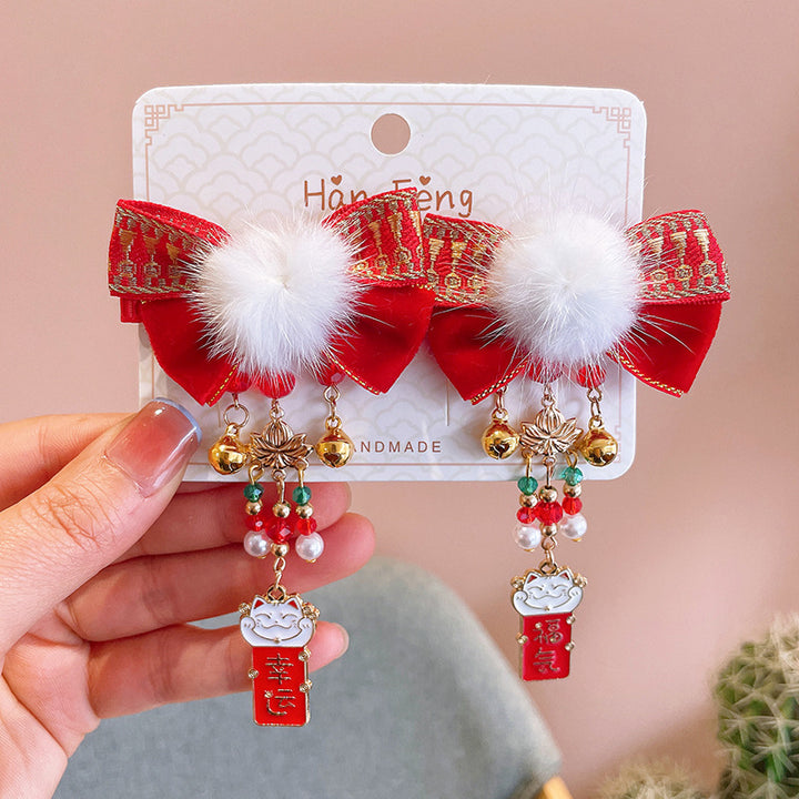 Chinese New Year CNY Red Baby kids Girl's Crystal Beads Head Clips Hair Accessories - Little Kooma