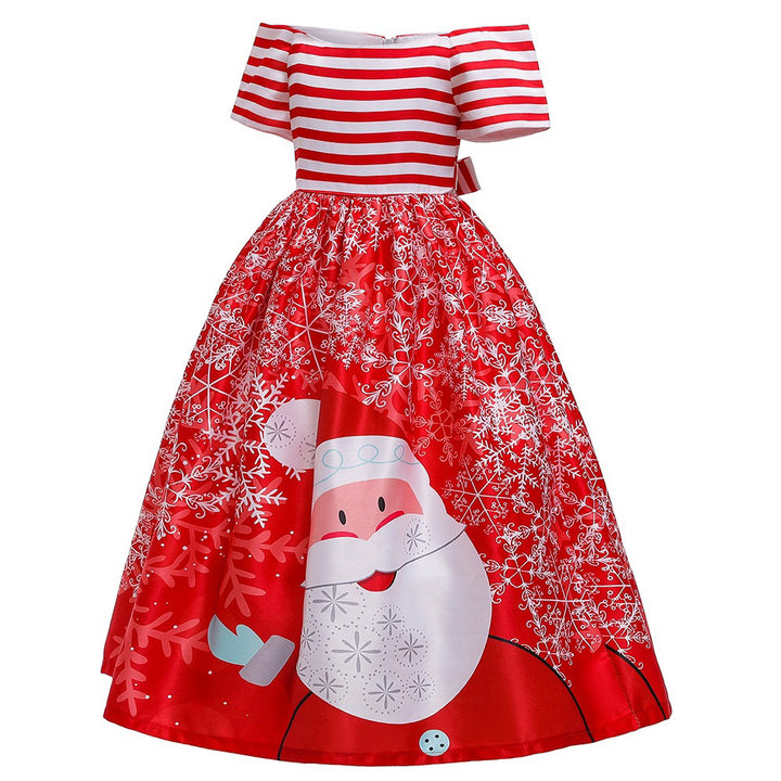 Kids Girls Drop Shoulder Santa Snow Flakes Dress Big Bowtie Christmas Outfit w Zip - Little Kooma