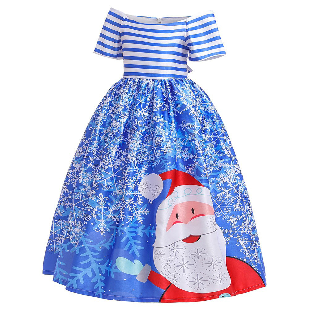 Kids Girls Drop Shoulder Santa Snow Flakes Dress Big Bowtie Christmas Outfit w Zip - Little Kooma