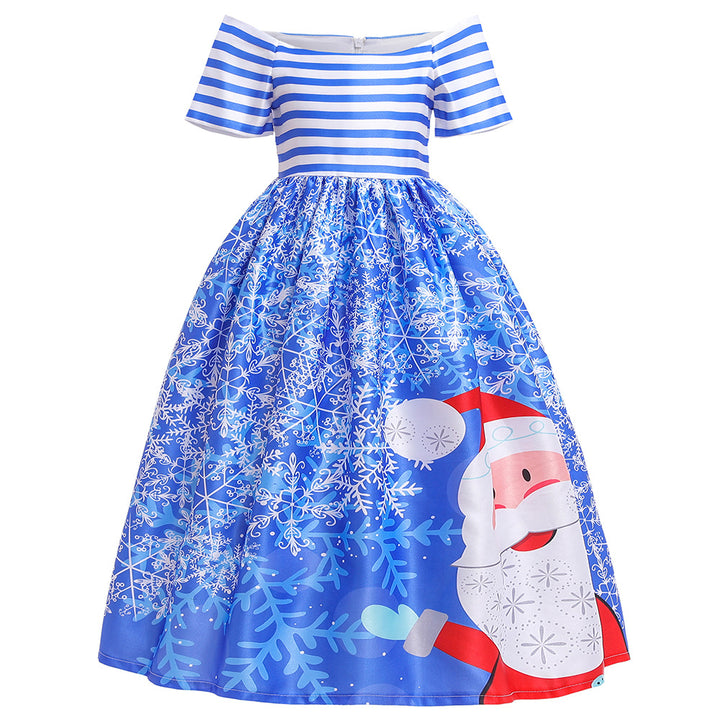 Kids Girls Drop Shoulder Santa Snow Flakes Dress Big Bowtie Christmas Outfit w Zip - Little Kooma