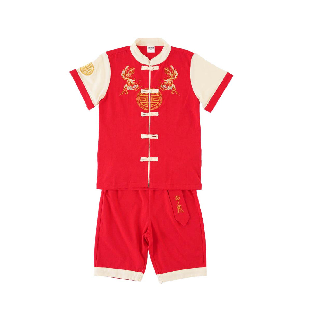 Singapore Souvenir Gift Wealth and Harmony Red Family Set with Golden Fish Embroidery Baby Kids Boys Cheongsam Set Top n Shorts CNY Chinese New Year Outfit 0835