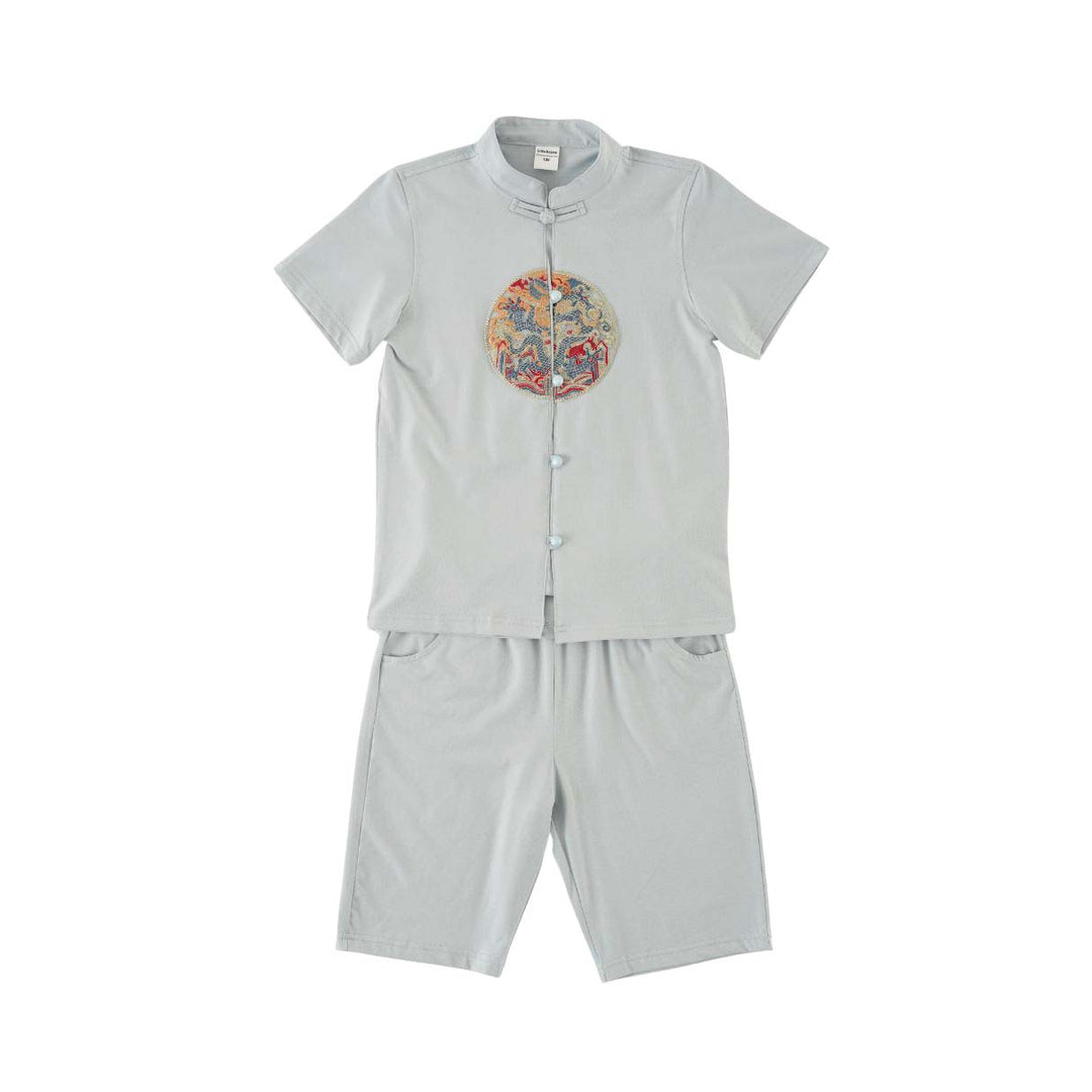 Singapore Souvenir Gift Vitality n Wisdom Blue Family Set Baby Kids Boys Cheongsam Set Top n Shorts CNY Chinese New Year Outfit 0844