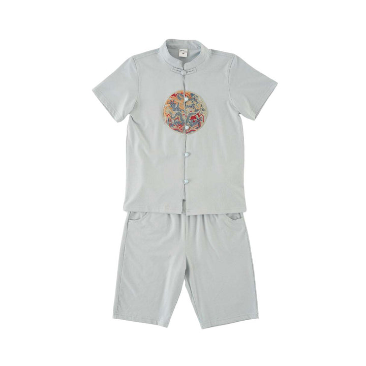 Vitality n Wisdom Blue Baby Kids Boys Cheongsam Set Top n Shorts CNY Chinese New Year Outfit 0844