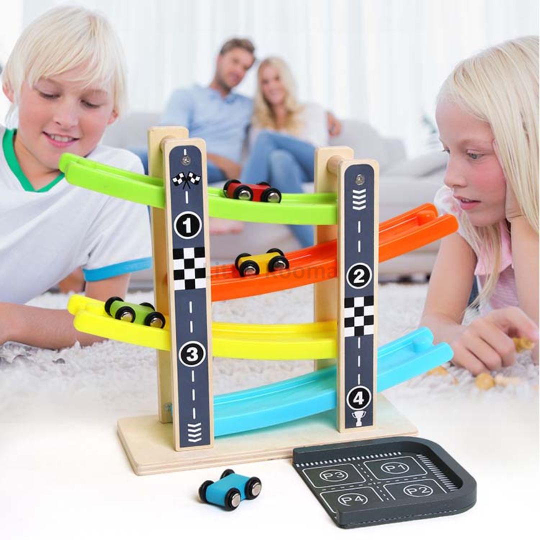 Wooden Gliding Car Ramp Toy – Zig Zag Race Track with Mini Cars, Toddler Racing Toy for Kids Boys & Girls Ages 3-6