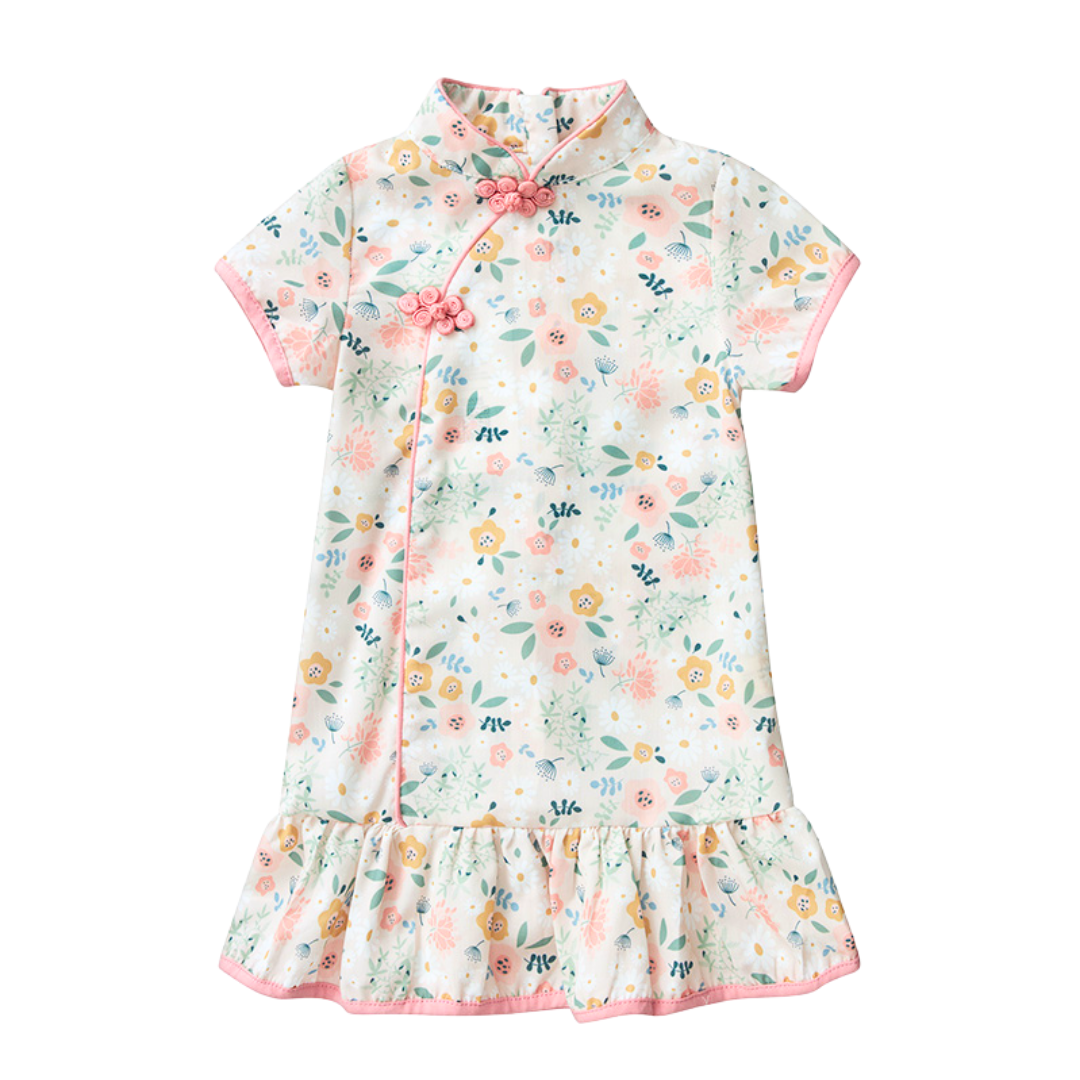 Chinese New Year Traditional Cheongsam Baby Girl Beige Floral CNY Cheongsam Dress 0820 - Little Kooma