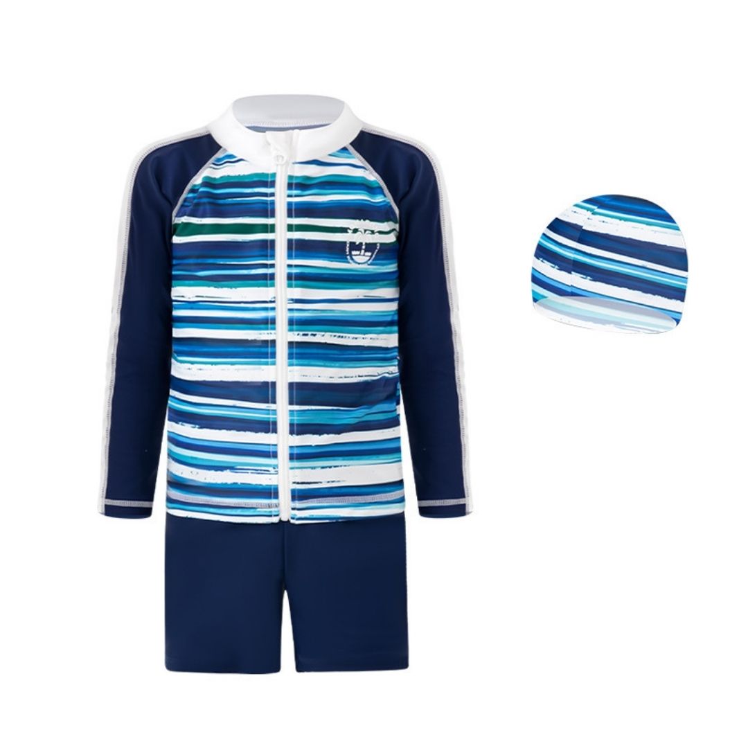 Baby Kids Boy Stripes Long Sleeve Top w Zipper n Shorts Swimming Suit Set 908414 - Little Kooma