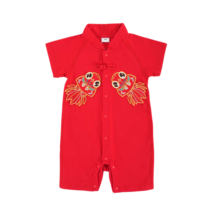 Singapore Souvenir Gift Wealth and Harmony Red Family Set with Golden Fish Baby Boy Cheongsam Romper 0834