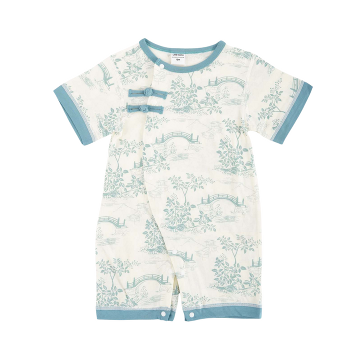 Chinese Garden Landscape Bridge Rockery Pavilion Baby Boy Cheongsam Romper 0839