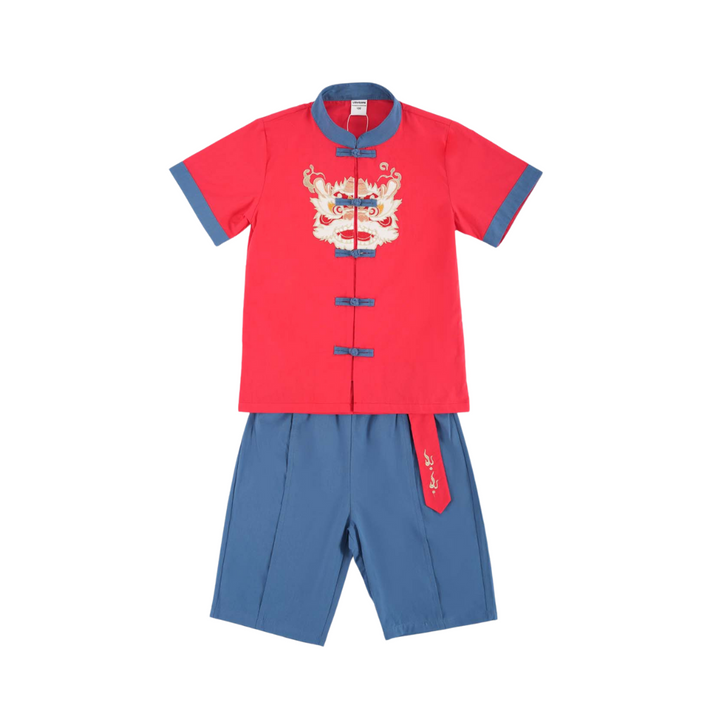 Dancing Lion Baby Kids Boys Cheongsam Set Red Top n Blue Shorts CNY Chinese New Year Outfit 0838