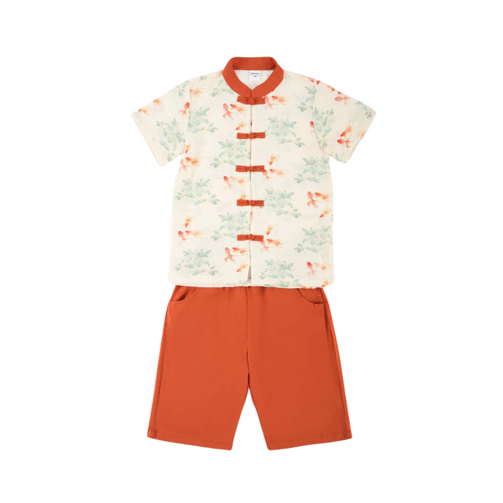 Fortune Bloom Family Set with Golden Fish Baby Kids Boys Cheongsam Set Top n Shorts CNY Chinese New Year Outfit 0829