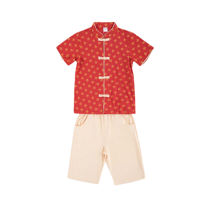 Singapore Souvenir Gift Blessing and Joy Family Set with Lucky Fu Characters Baby Kids Boys Cheongsam Set Top n Shorts CNY Chinese New Year Outfit 0832