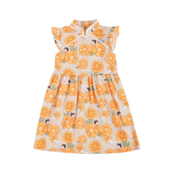 Sunflowers Little Girl n Cat Baby Kids Girl Cheongsam Dress 0846