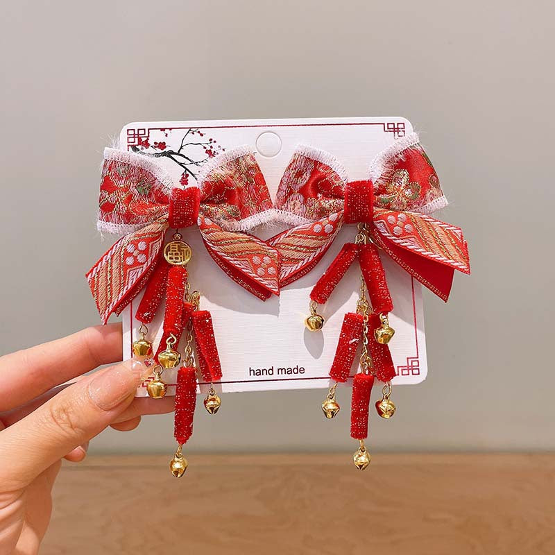 Chinese New Year CNY Red Kids Girl's Crystal Beads Head Clips Hair Accessories