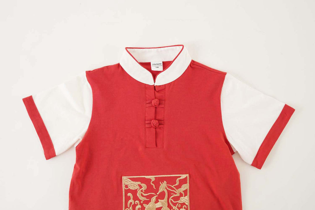 Singapore Souvenir Gift Majestic Phoenix Cheongsam Symbol of Power and Renewal Baby Kids Boys Cheongsam Set Top n Shorts CNY Chinese New Year Outfit 0837