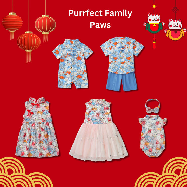 Purrfect Family Paws Baby Boy Blue Little Cats Cheongsam Romper Family Wear 0801 - Little Kooma