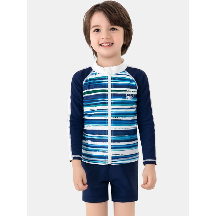 Baby Kids Boy Stripes Long Sleeve Top w Zipper n Shorts Swimming Suit Set 908414 - Little Kooma