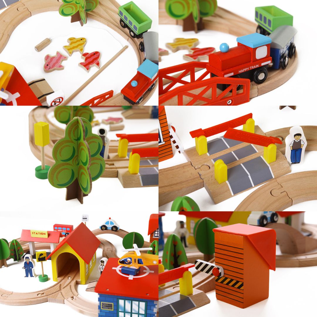 Kids Fun Railway – Interactive Wooden Train Set with Tracks, Trains, and Accessories for Toddlers 69Pcs 3 Years +