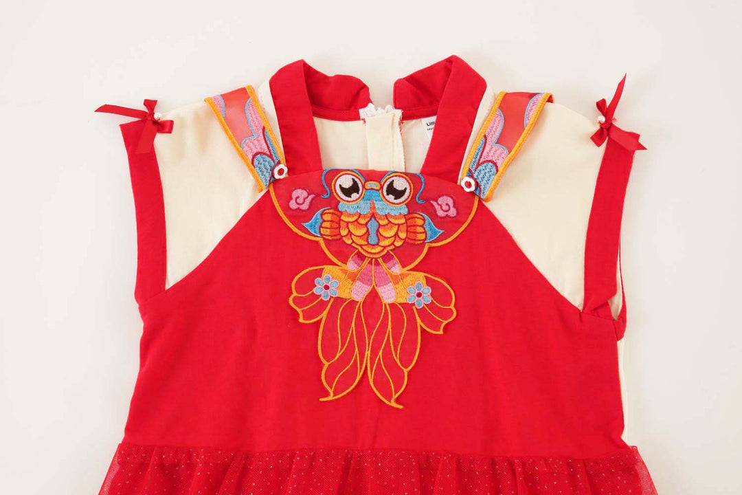 Wealth and Harmony Red Family Set with Golden Fish Embroidery Baby Kids Girl Cheongsam Dress 0833