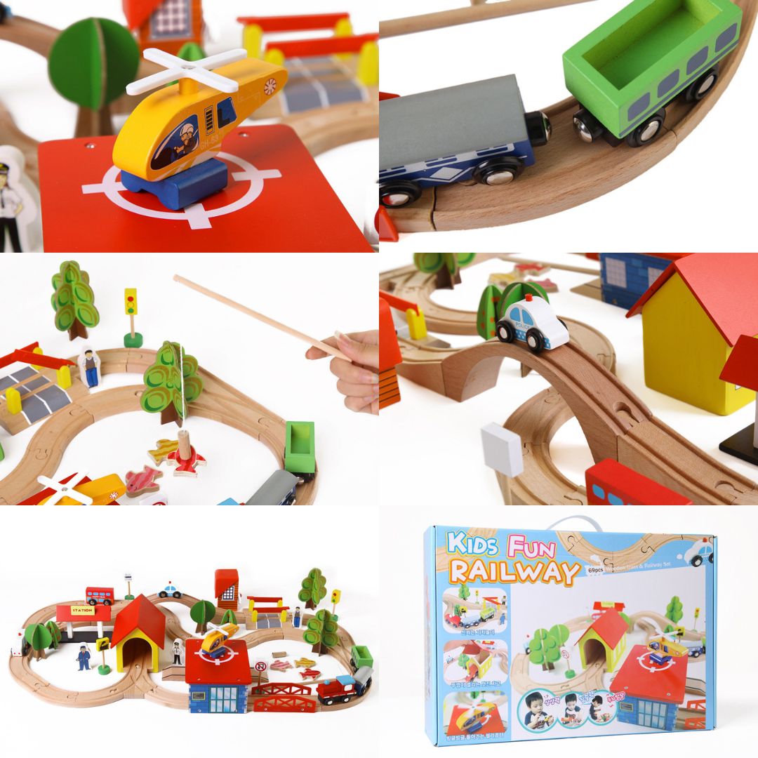 Kids Fun Railway – Interactive Wooden Train Set with Tracks, Trains, and Accessories for Toddlers 69Pcs 3 Years +