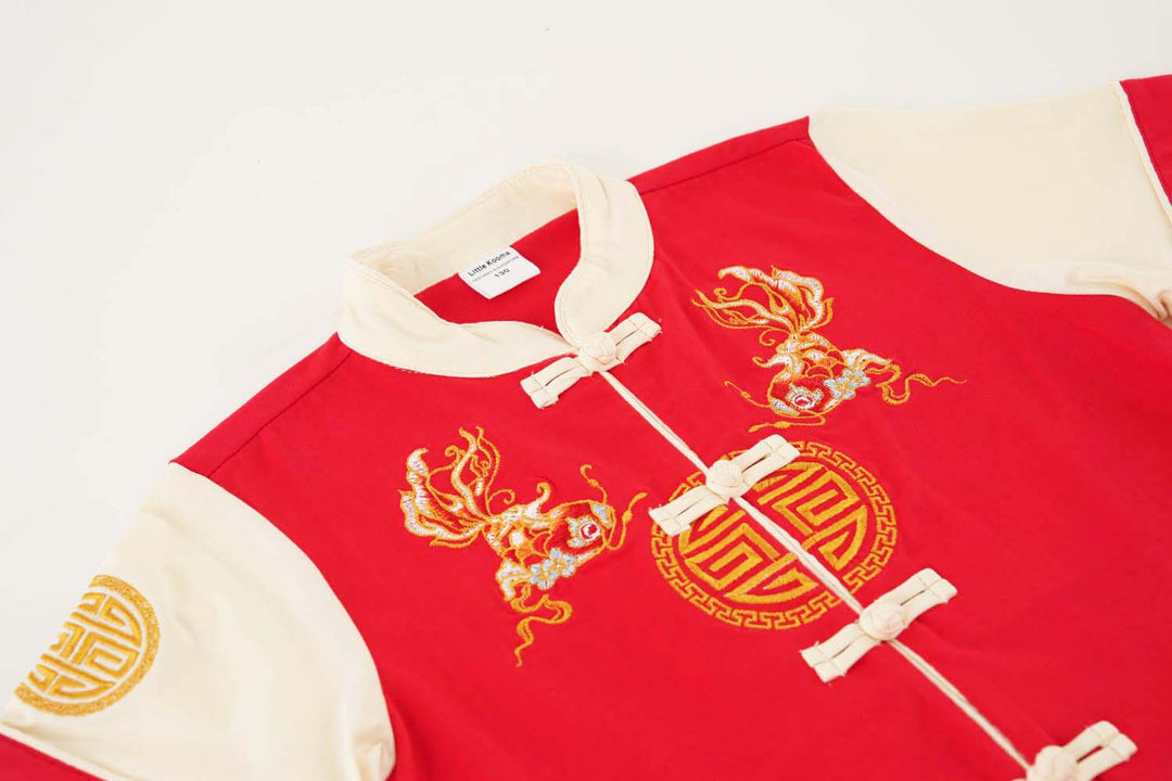 Singapore Souvenir Gift Wealth and Harmony Red Family Set with Golden Fish Embroidery Baby Kids Boys Cheongsam Set Top n Shorts CNY Chinese New Year Outfit 0835