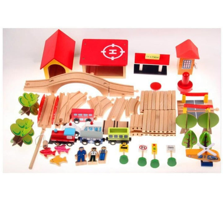 Kids Fun Railway – Interactive Wooden Train Set with Tracks, Trains, and Accessories for Toddlers 69Pcs 3 Years +