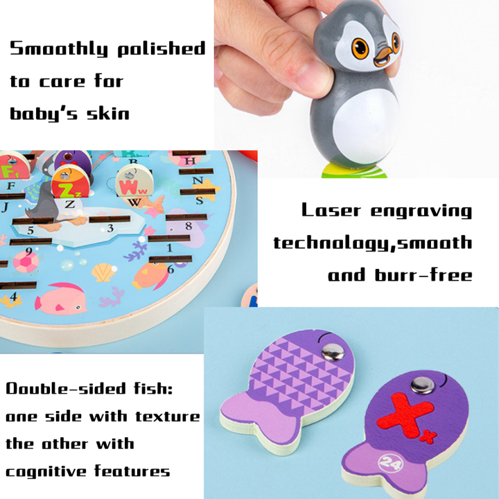 Fun Wooden Penguin Magnetic Fishing Game w Alphabets n Numbers 3 Years +