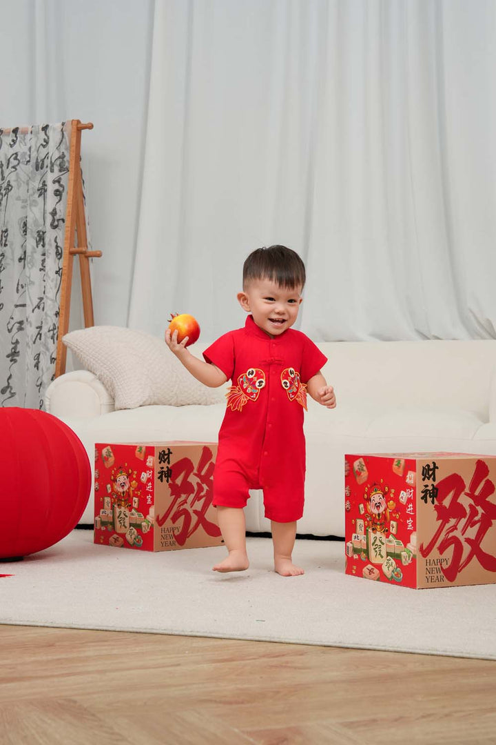 Wealth and Harmony Red Family Set with Golden Fish Baby Boy Cheongsam Romper 0834