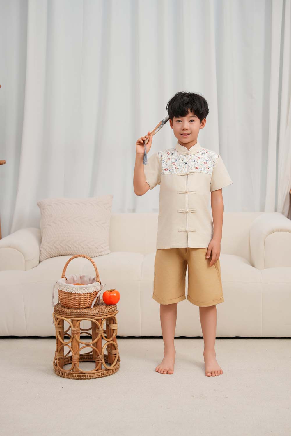 Blossom Harmony Collection Baby Kids Boys Beige Cheongsam Set Little Flower Prints Top n Shorts CNY Chinese New Year Outfit 0819