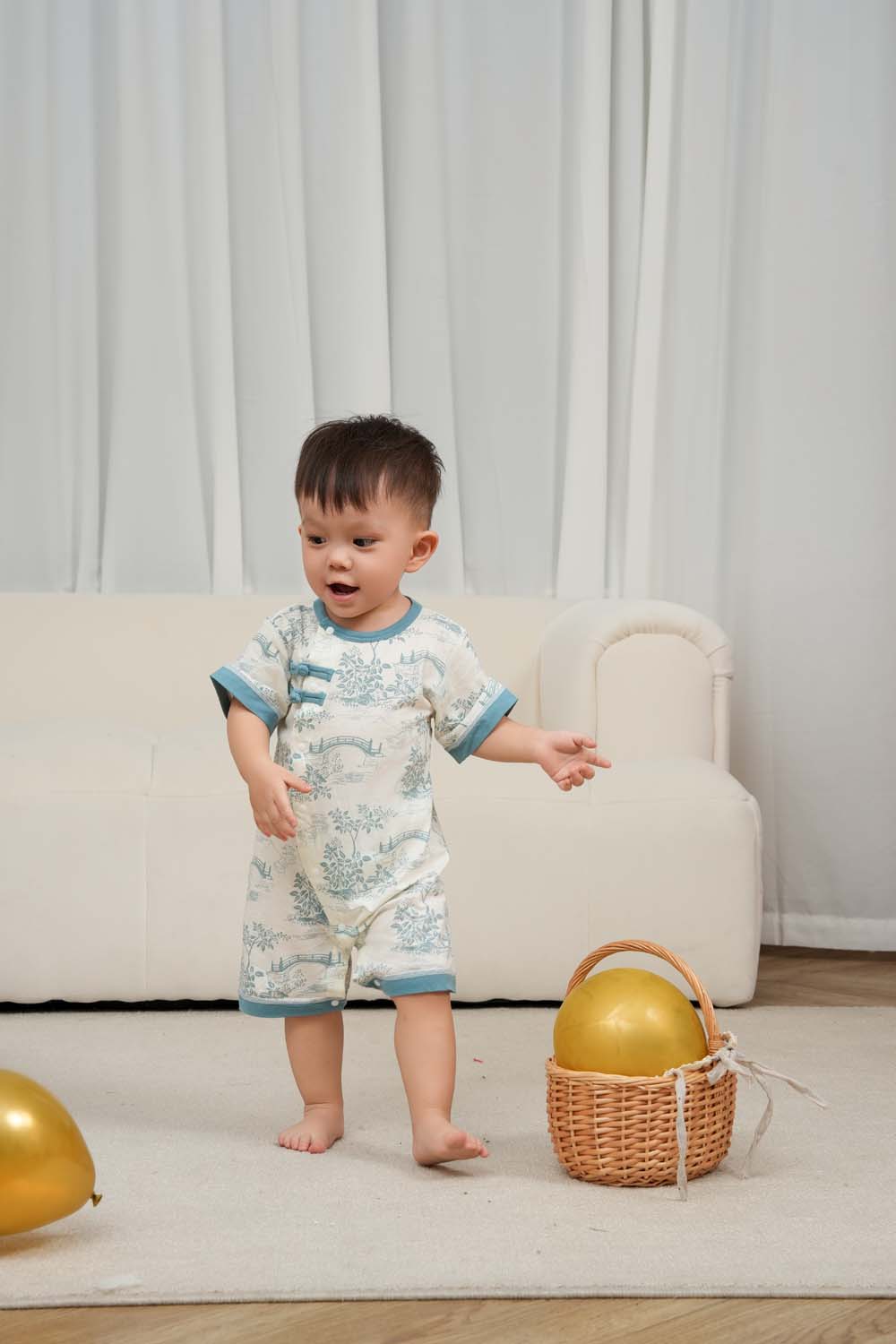 Singapore Souvenir Gift Chinese Garden Landscape Bridge Rockery Pavilion Baby Boy Cheongsam Romper 0839