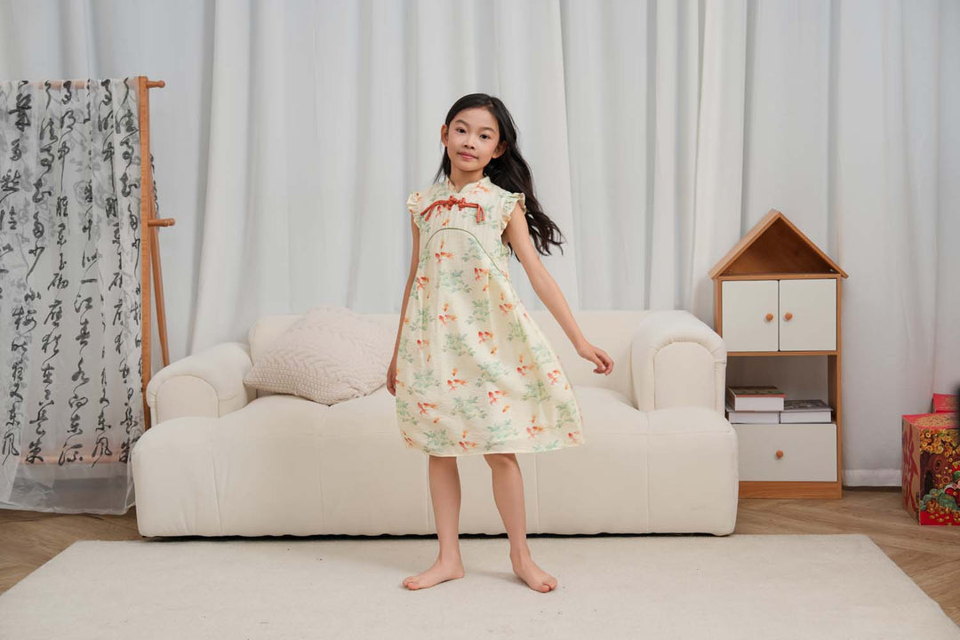 Fortune Bloom Family Set with Golden Fish Baby Kids Girl Cheongsam Dress 0827