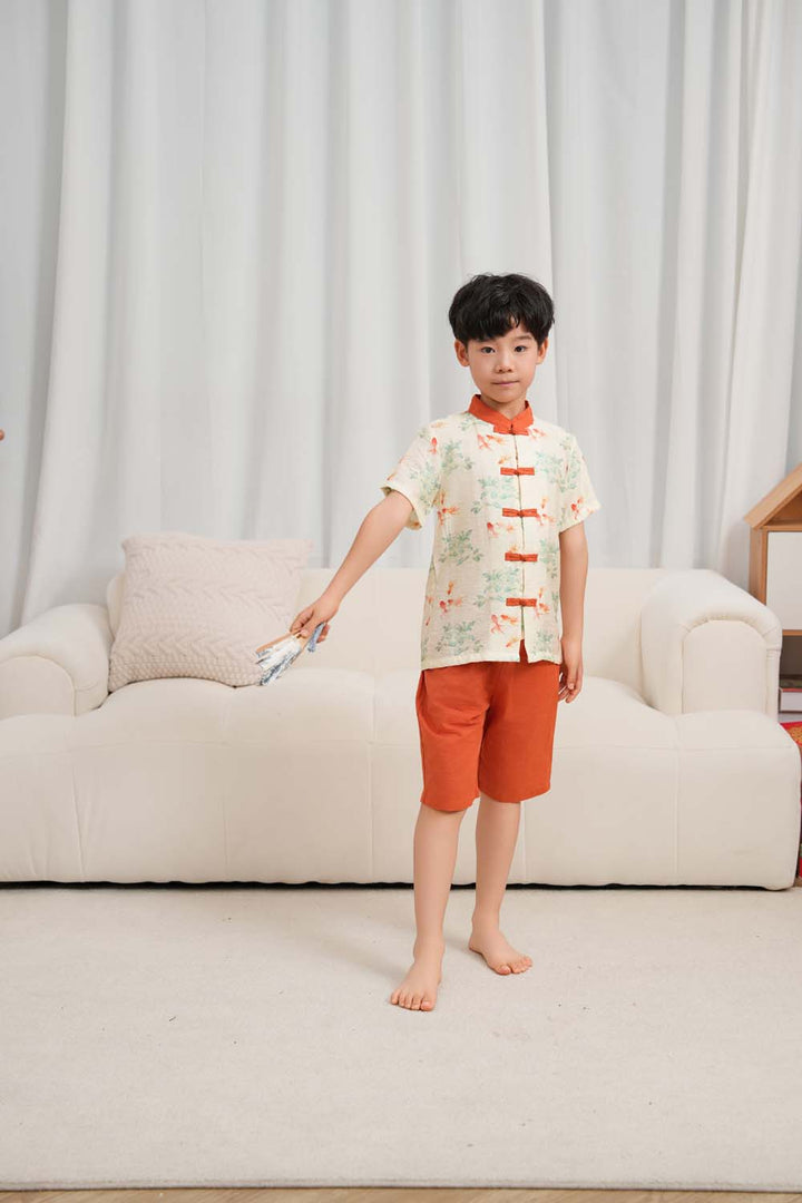 Fortune Bloom Family Set with Golden Fish Baby Kids Boys Cheongsam Set Top n Shorts CNY Chinese New Year Outfit 0829