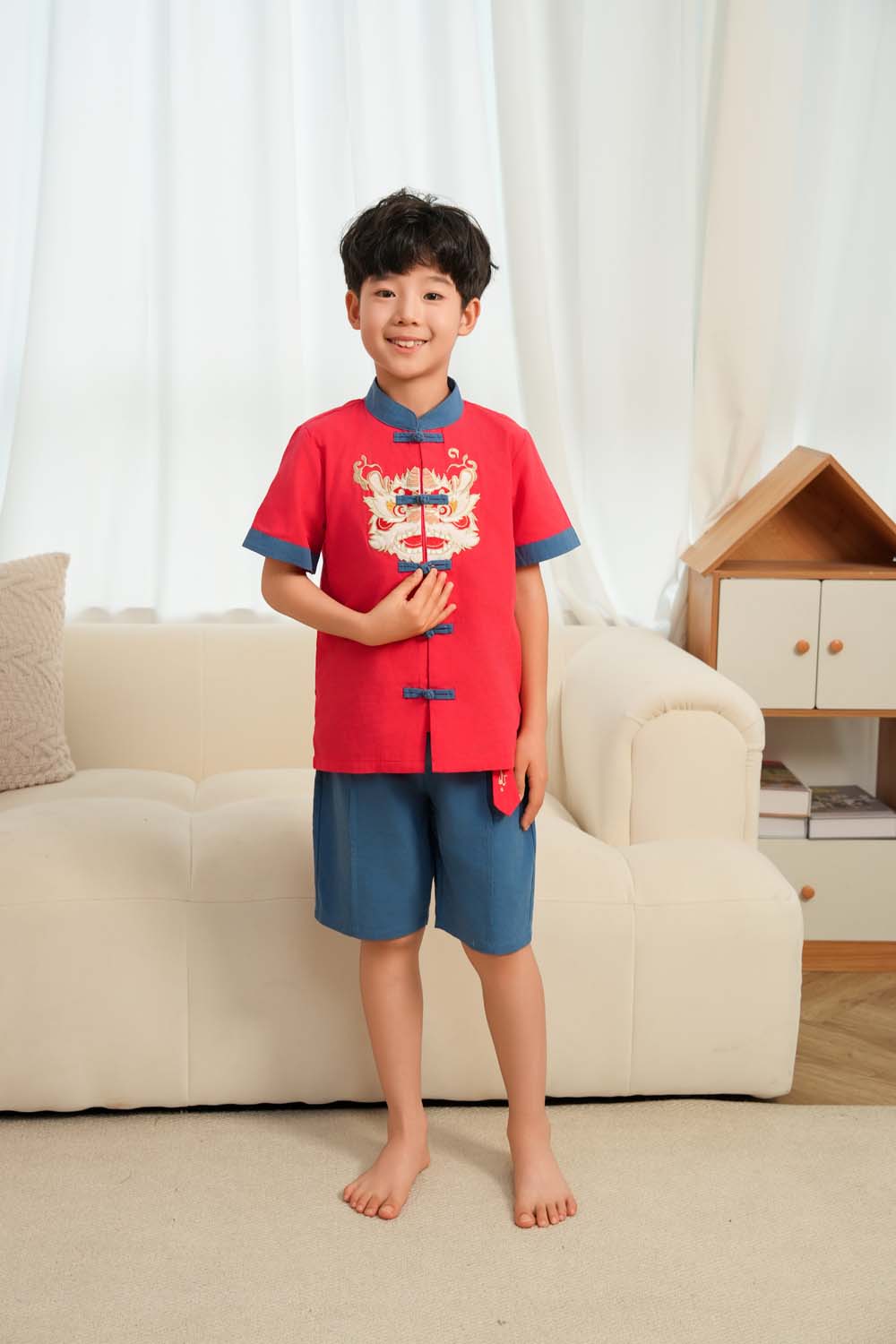 Dancing Lion Baby Kids Boys Cheongsam Set Red Top n Blue Shorts CNY Chinese New Year Outfit 0838