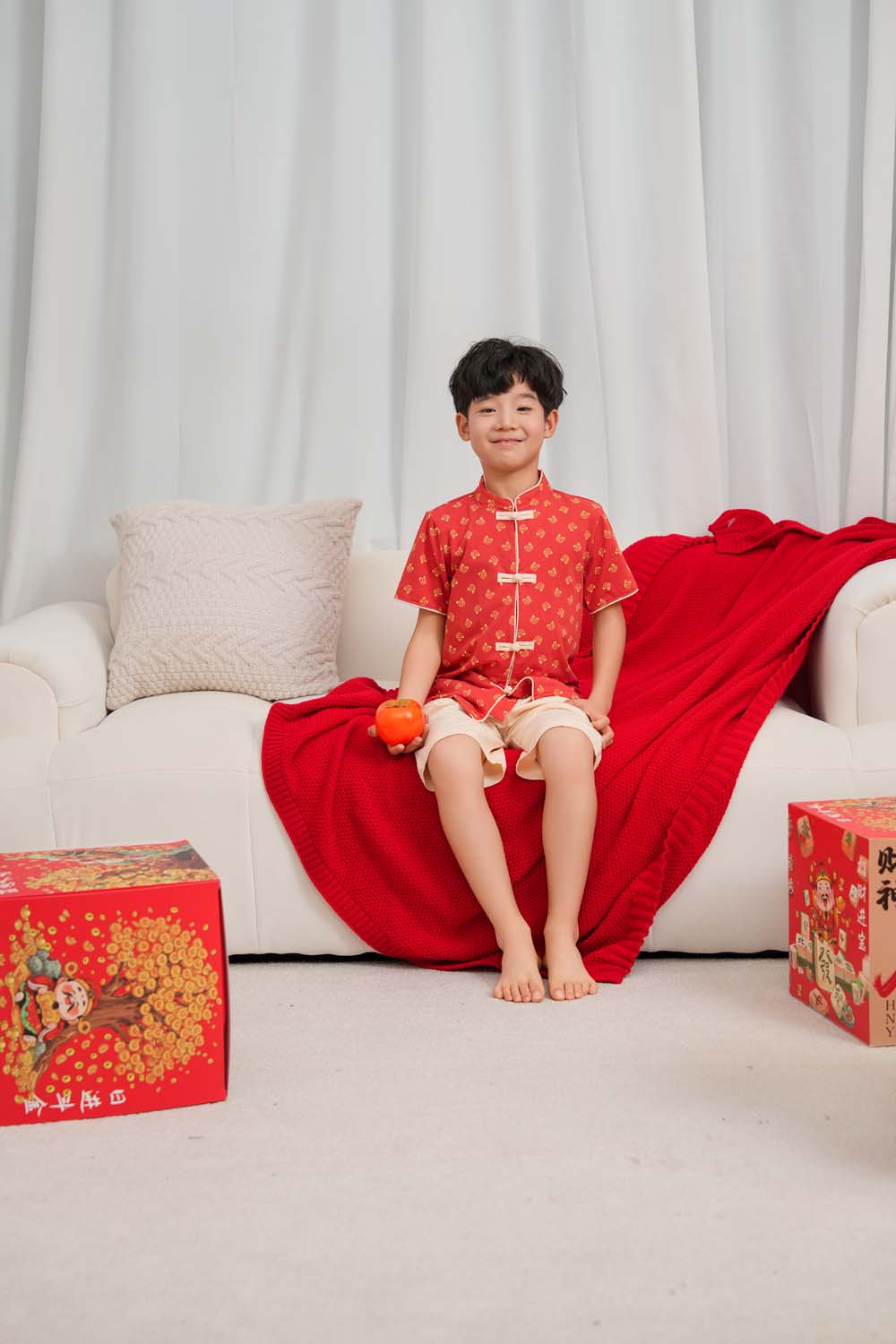 Blessing and Joy Family Set with Lucky Fu Characters Baby Kids Boys Cheongsam Set Top n Shorts CNY Chinese New Year Outfit 0832