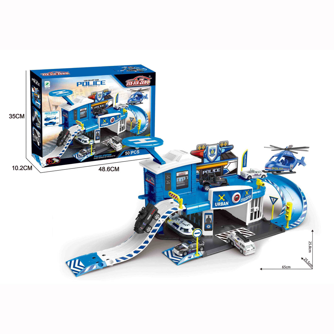 Kids Die Cast Cars Set Police Station 50 pcs Parking with 2 Cars & 1 Plane - Little Kooma