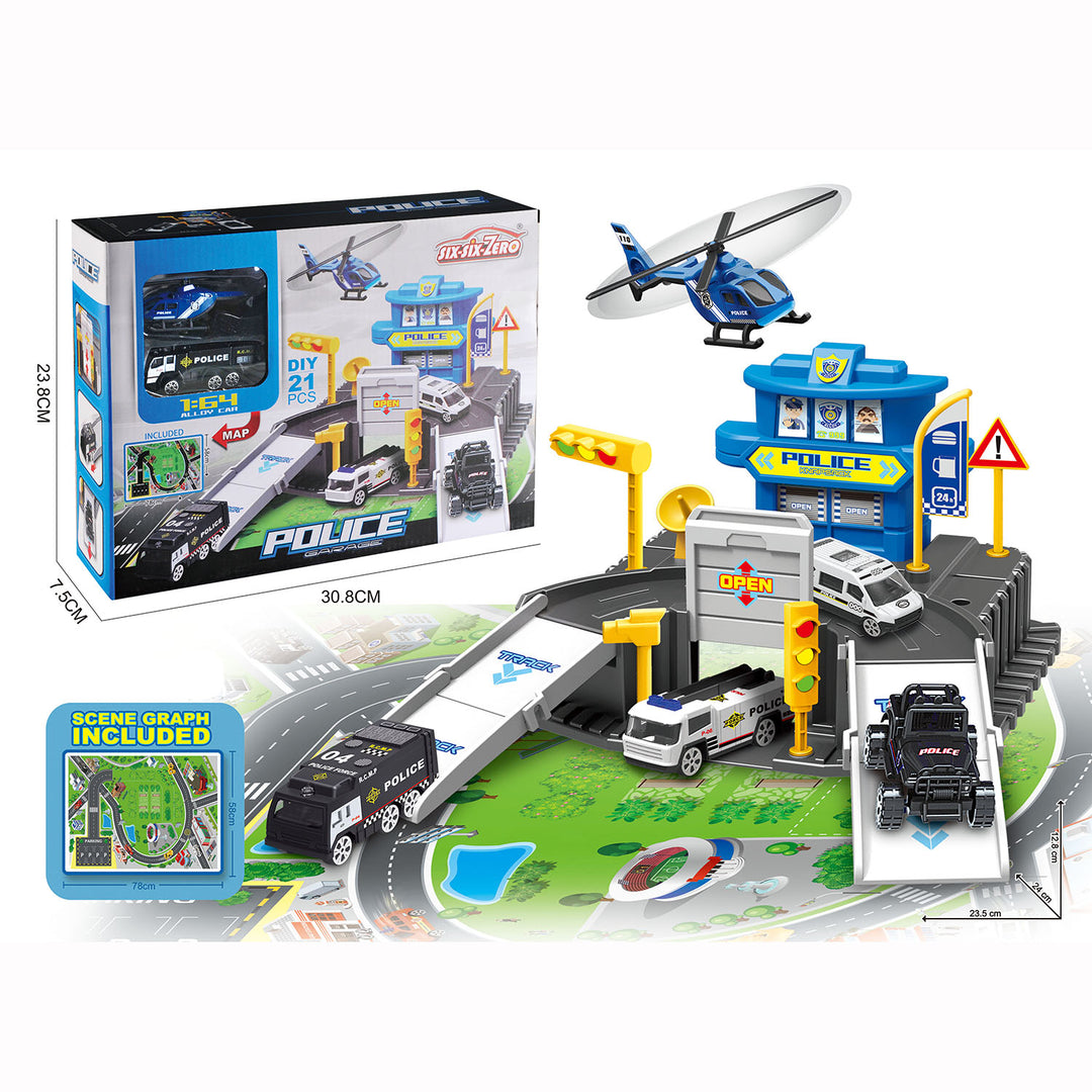 Kids Die Cast Cars Set 21 pcs Alloy Police Parking Lot Set 1 Alloy Plane & 1 Alloy Car - Little Kooma