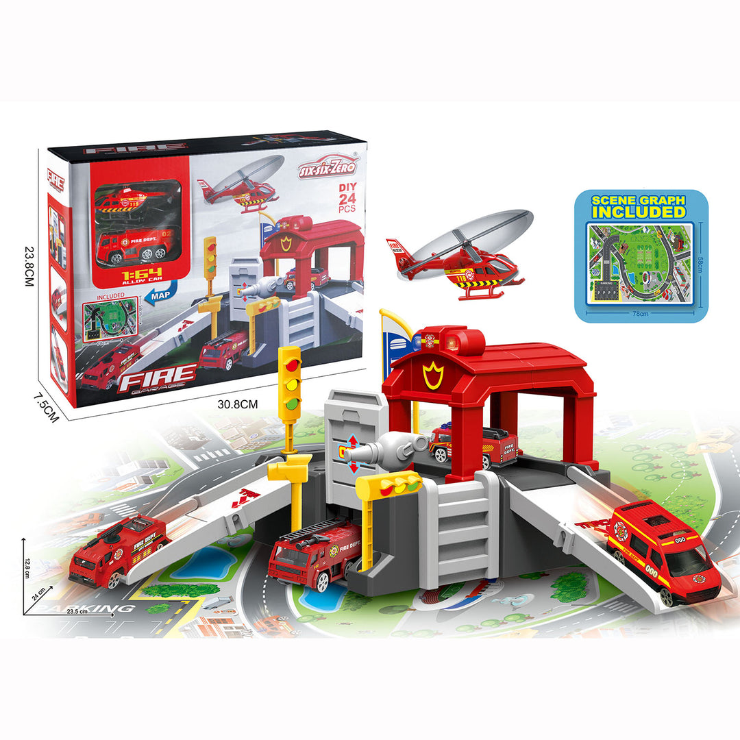 Kids Die Cast Cars Set 24 pcs Alloy Fire Parking Lot Set 1 Alloy Plane & 1 Alloy Car - Little Kooma