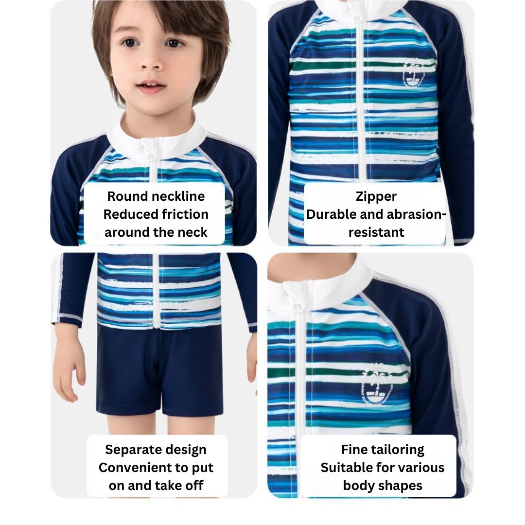 Baby Kids Boy Stripes Long Sleeve Top w Zipper n Shorts Swimming Suit Set 908414 - Little Kooma