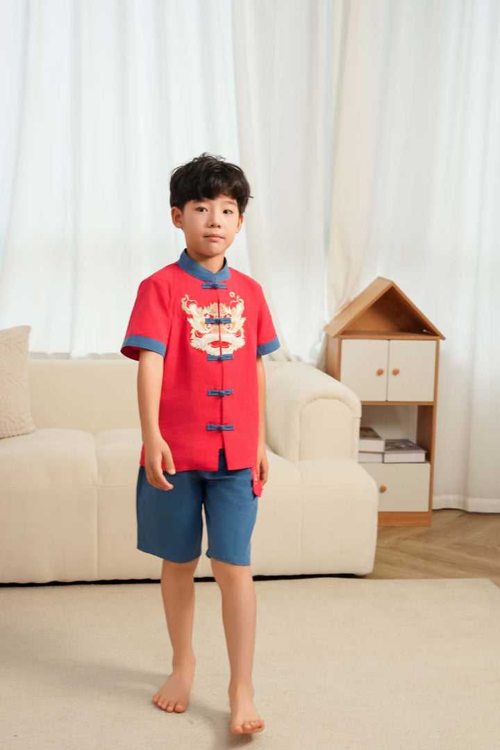 Singapore Souvenir Gift Dancing Lion Baby Kids Boys Cheongsam Set Red Top n Blue Shorts CNY Chinese New Year Outfit 0838