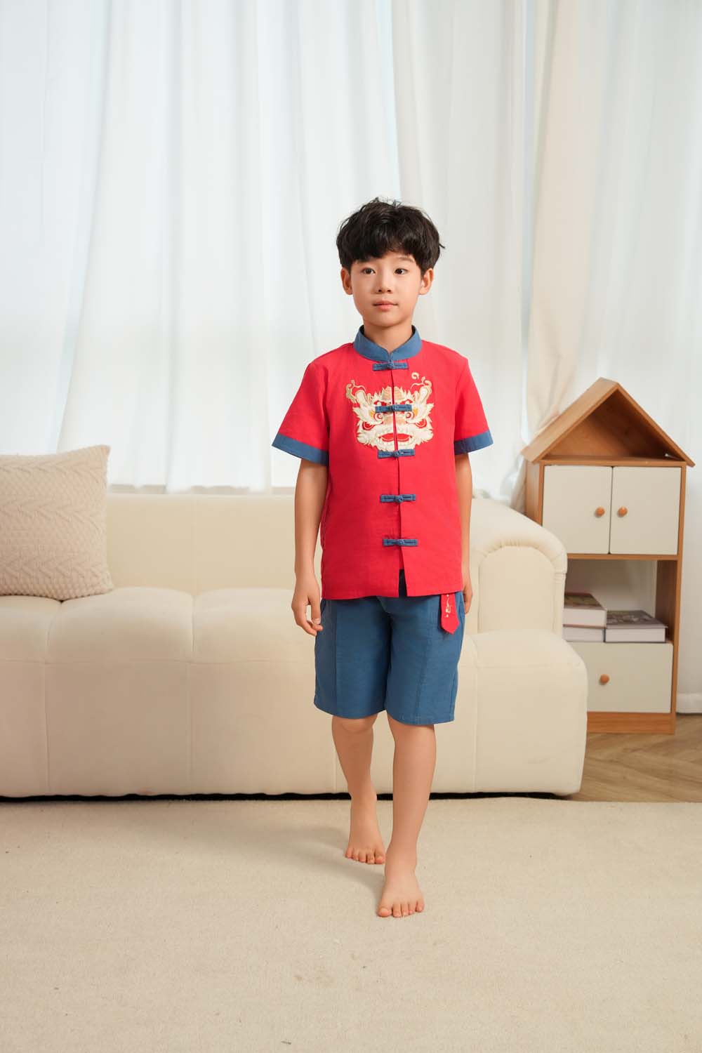 Singapore Souvenir Gift Dancing Lion Baby Kids Boys Cheongsam Set Red Top n Blue Shorts CNY Chinese New Year Outfit 0838