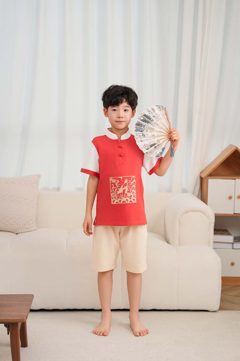 Singapore Souvenir Gift Majestic Phoenix Cheongsam Symbol of Power and Renewal Baby Kids Boys Cheongsam Set Top n Shorts CNY Chinese New Year Outfit 0837