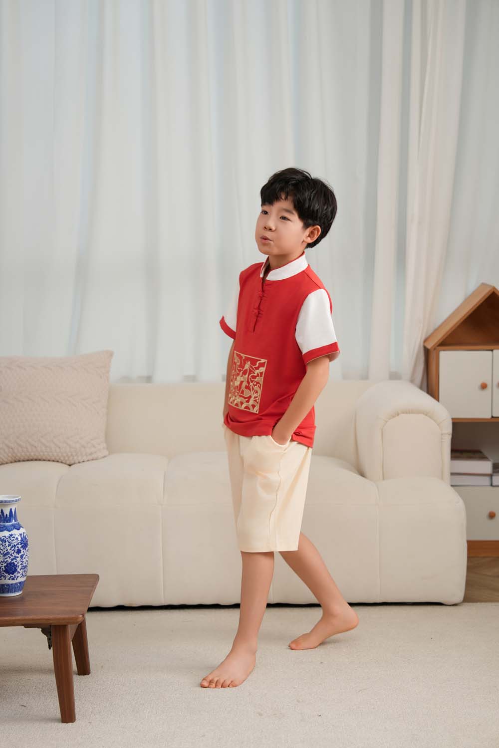 Singapore Souvenir Gift Majestic Phoenix Cheongsam Symbol of Power and Renewal Baby Kids Boys Cheongsam Set Top n Shorts CNY Chinese New Year Outfit 0837