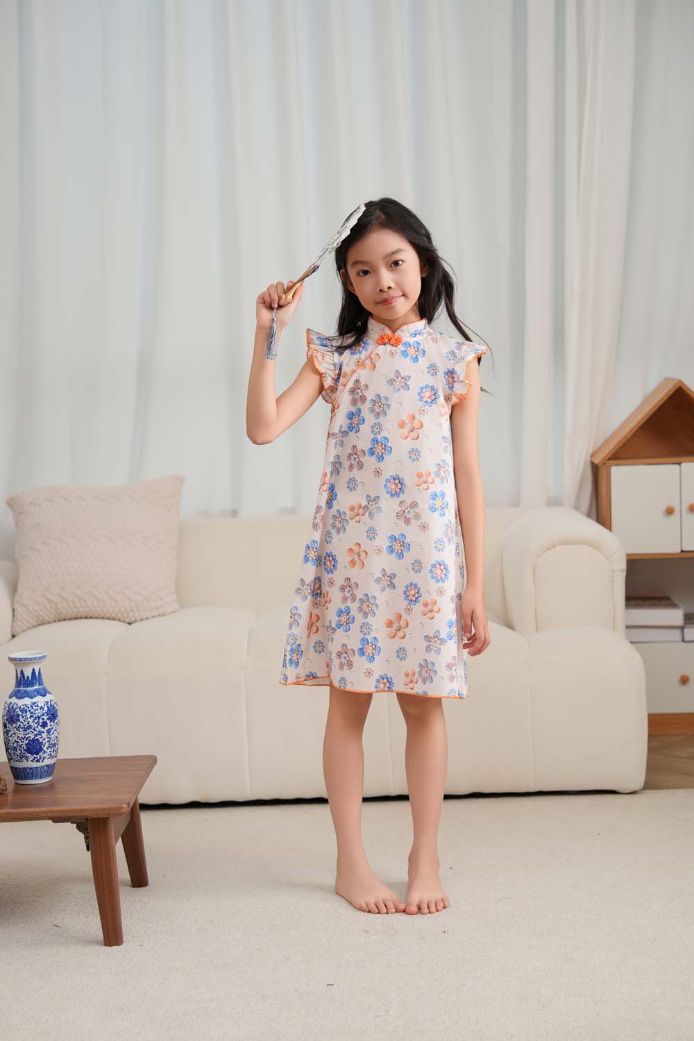 Singapore Souvenir Gift Blue Flowers Baby Kids Girl Cheongsam Dress 0848