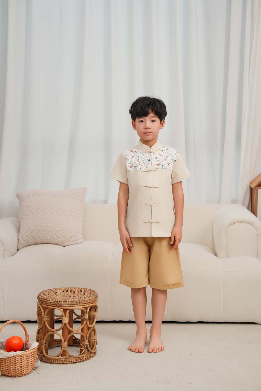 Singapore Souvenir Gift Blossom Harmony Collection Baby Kids Boys Beige Cheongsam Set Little Flower Prints Top n Shorts CNY Chinese New Year Outfit 0819