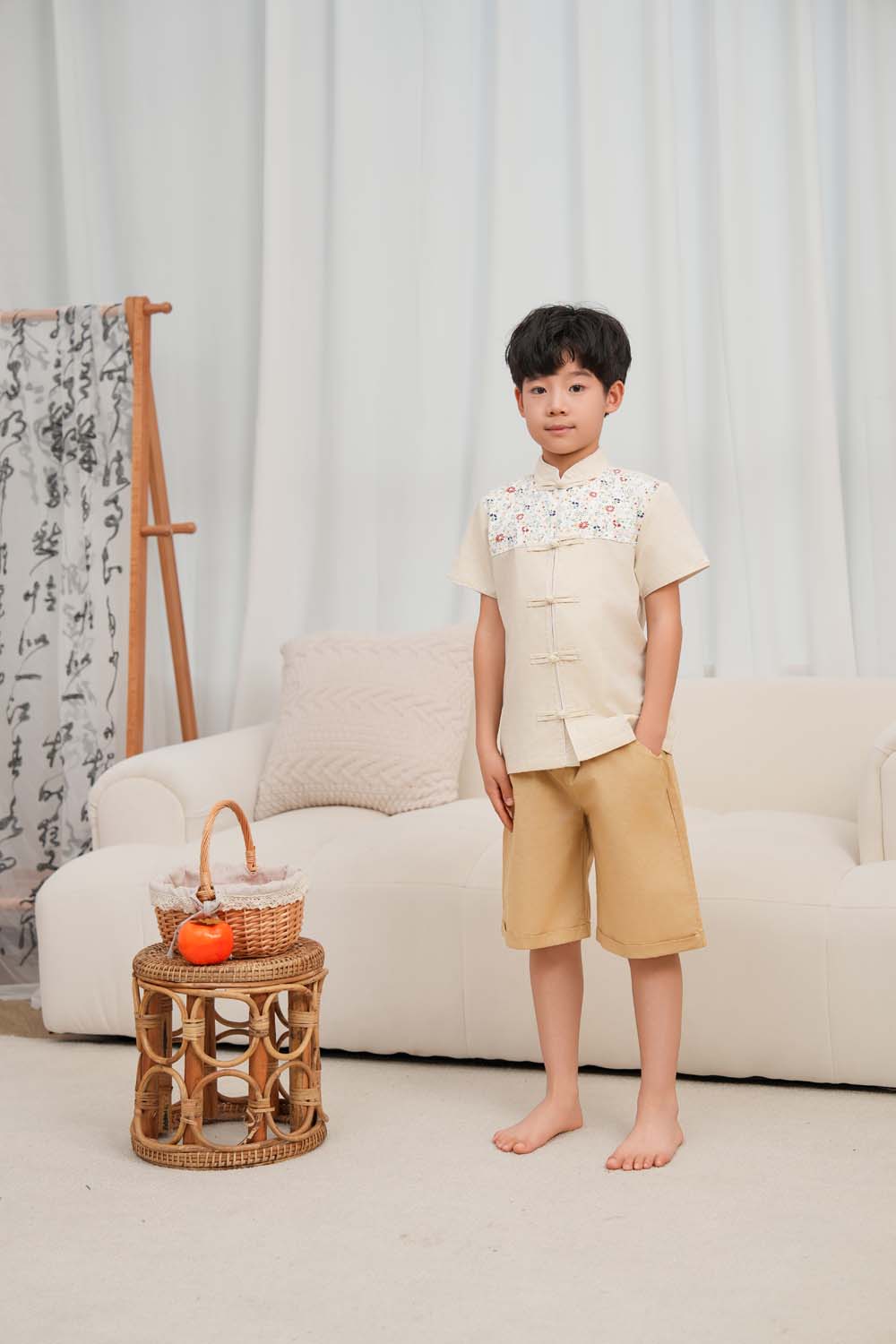 Blossom Harmony Collection Baby Kids Boys Beige Cheongsam Set Little Flower Prints Top n Shorts CNY Chinese New Year Outfit 0819