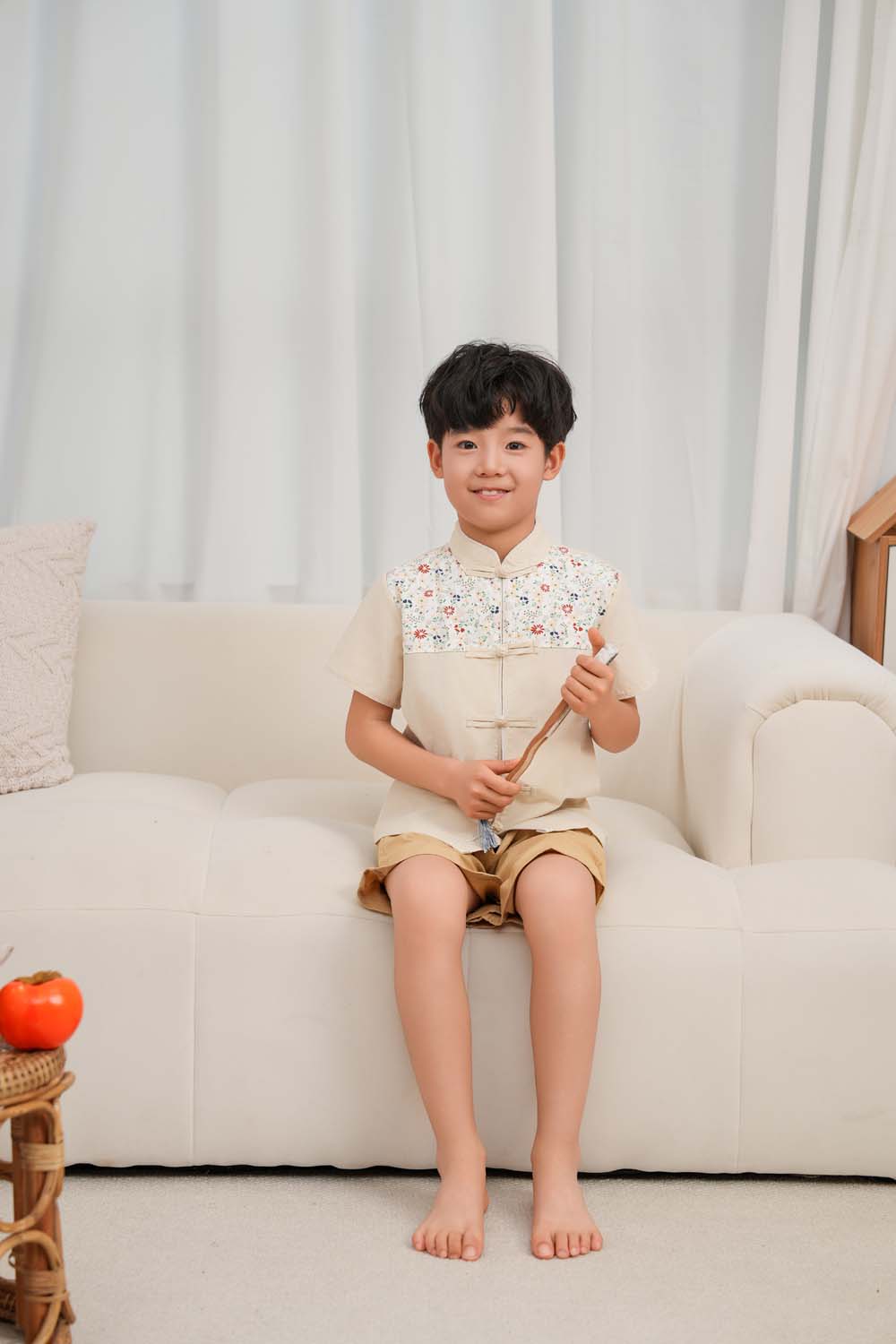 Blossom Harmony Collection Baby Kids Boys Beige Cheongsam Set Little Flower Prints Top n Shorts CNY Chinese New Year Outfit 0819