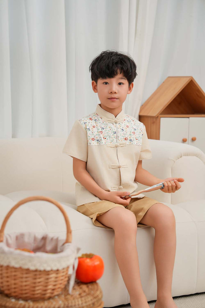 Singapore Souvenir Gift Blossom Harmony Collection Baby Kids Boys Beige Cheongsam Set Little Flower Prints Top n Shorts CNY Chinese New Year Outfit 0819