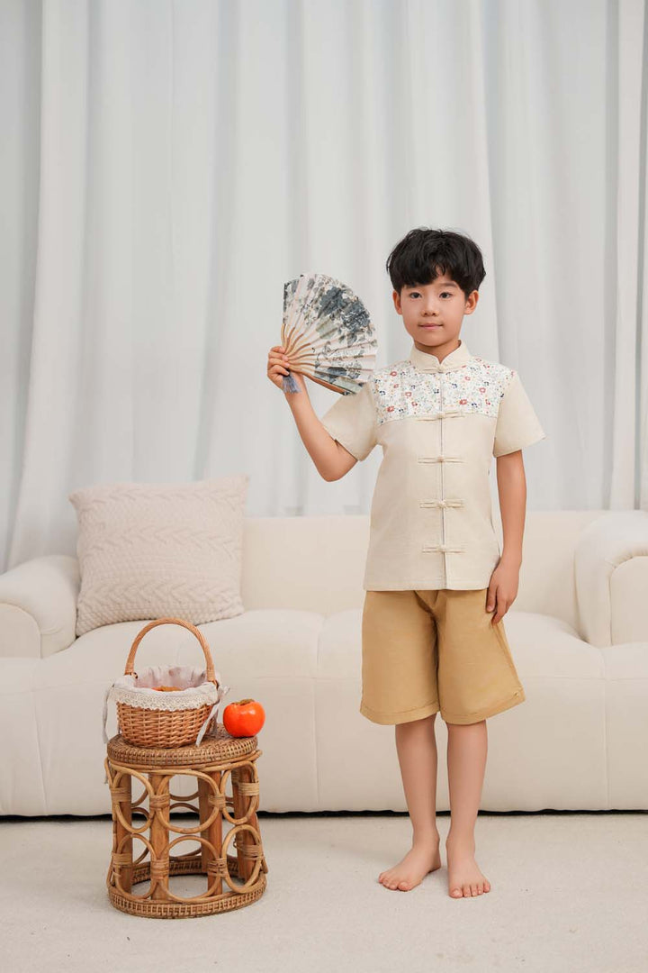 Singapore Souvenir Gift Blossom Harmony Collection Baby Kids Boys Beige Cheongsam Set Little Flower Prints Top n Shorts CNY Chinese New Year Outfit 0819