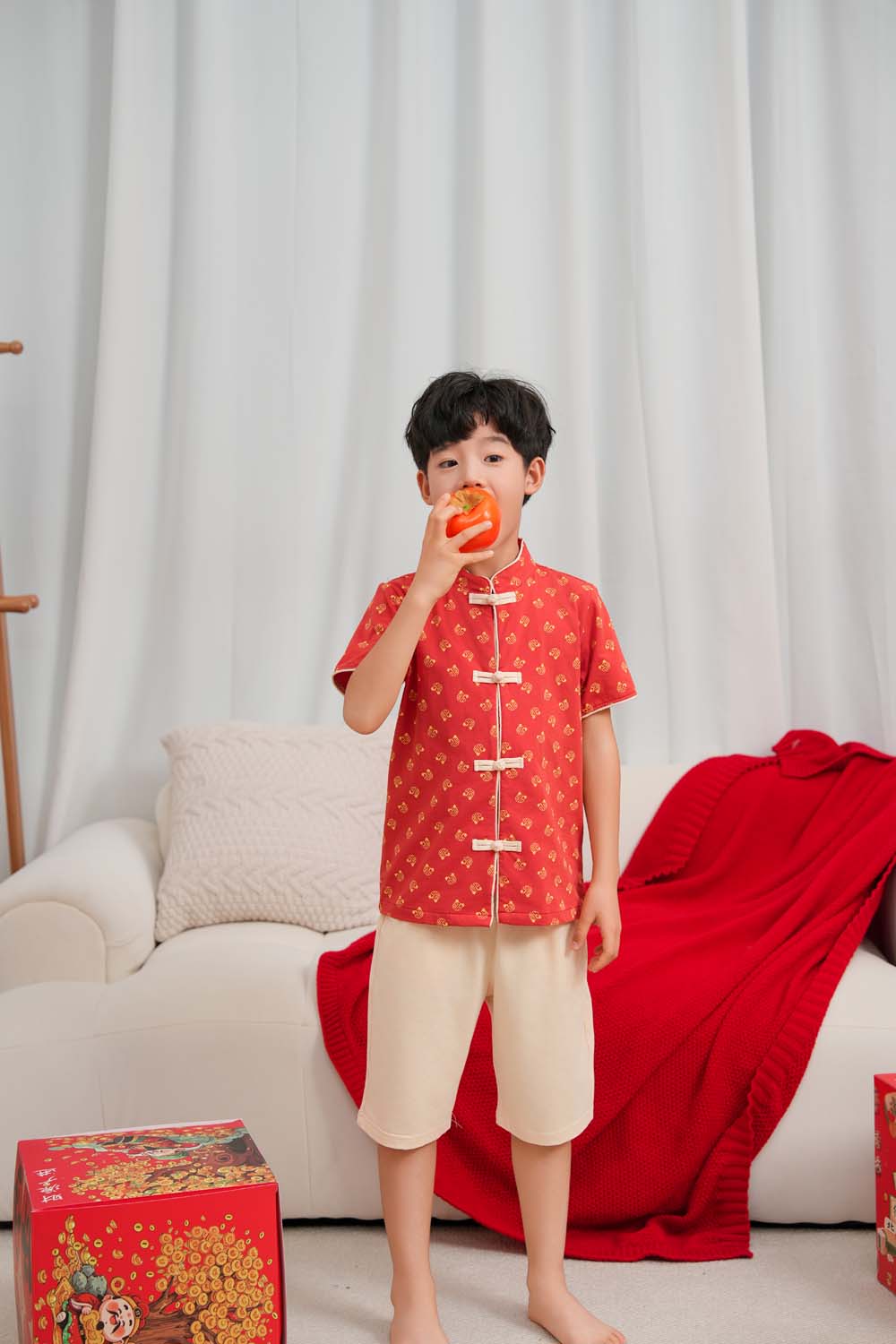 Singapore Souvenir Gift Blessing and Joy Family Set with Lucky Fu Characters Baby Kids Boys Cheongsam Set Top n Shorts CNY Chinese New Year Outfit 0832