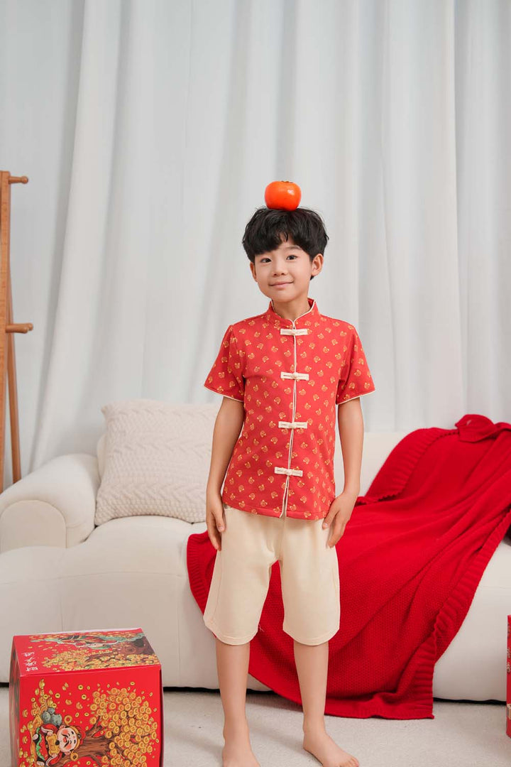 Blessing and Joy Family Set with Lucky Fu Characters Baby Kids Boys Cheongsam Set Top n Shorts CNY Chinese New Year Outfit 0832