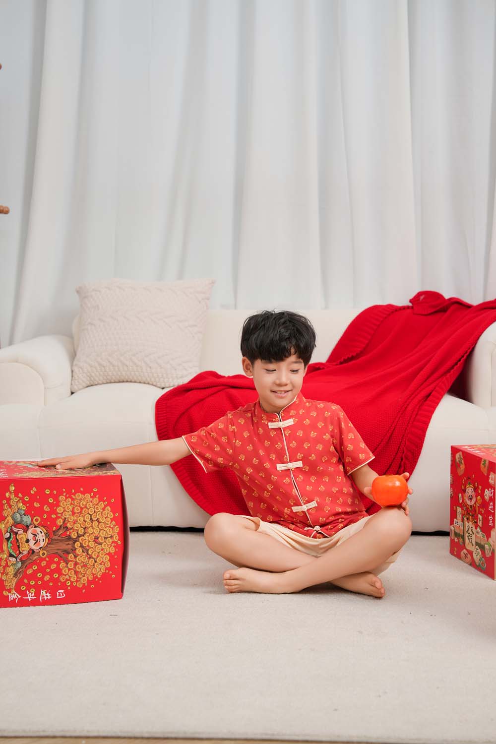 Blessing and Joy Family Set with Lucky Fu Characters Baby Kids Boys Cheongsam Set Top n Shorts CNY Chinese New Year Outfit 0832